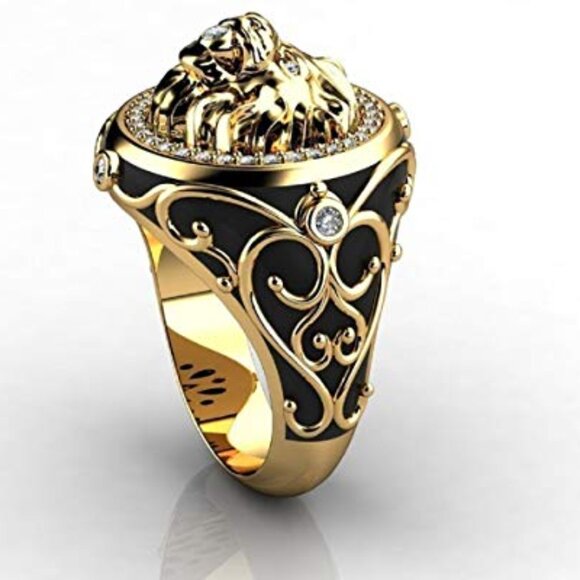 Gold Tone Lion Head Ring Men's Punk Viking Jewelry Iced Out Statement - Picture 5 of 6